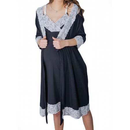 Комплект ночная рубашка + халат для беременных и кормящих Мадлен Черный