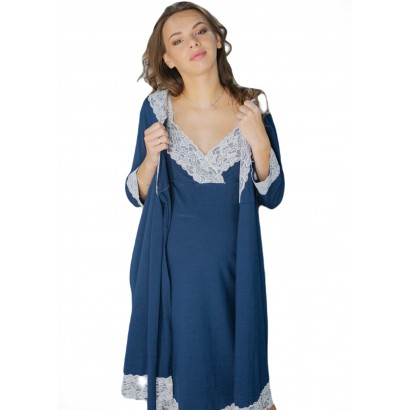Комплект нічна сорочка + халат для вагітних і годуючих Мадлен Синій