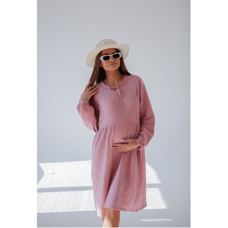 Плаття з трикотажу в рубчик для вагітних з довгим рукавом та секретом для годування Рожевий